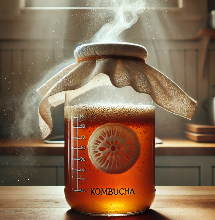 Glass jar with secure kombucha fermentation cloth cover