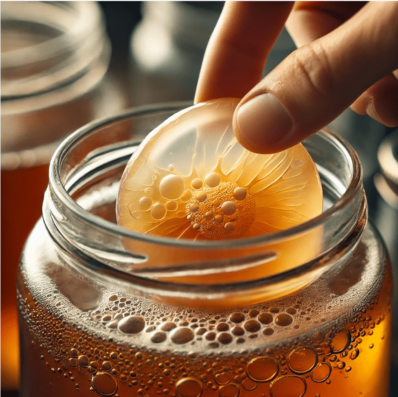 SCOBY being placed into a jar of sweetened tea for traditional kombucha brewing