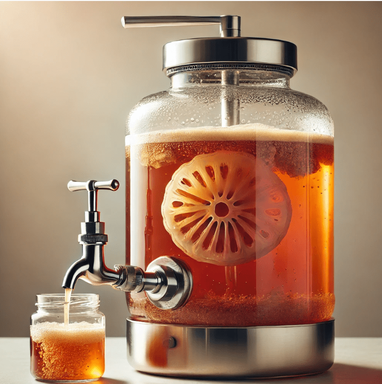 Continuous kombucha brewing setup with a large glass container and a spigot