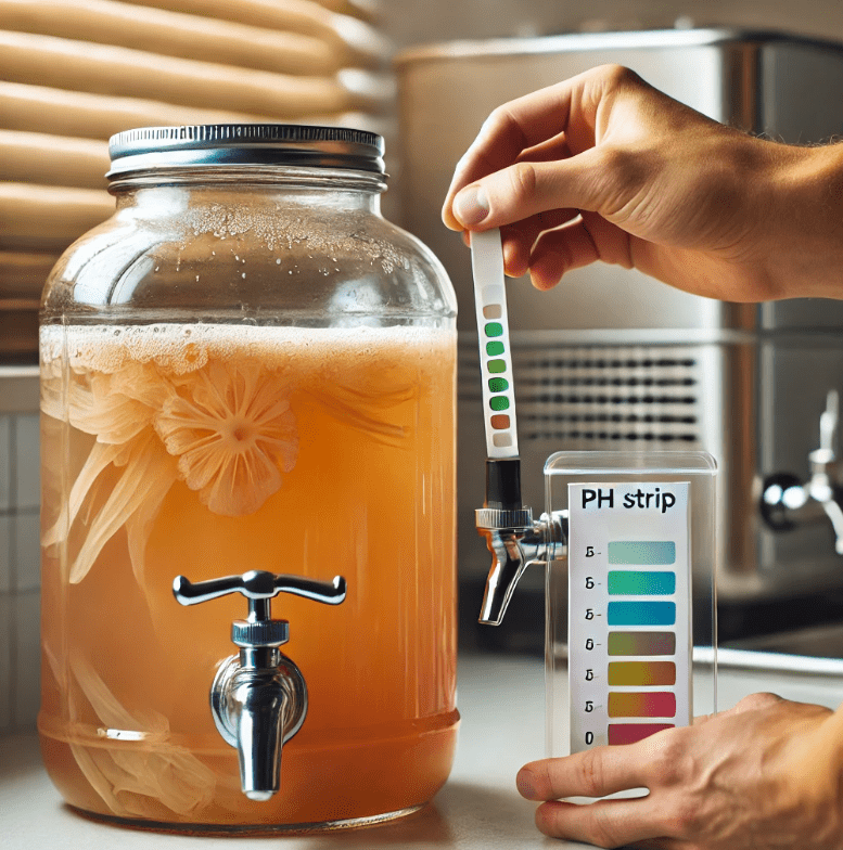 Using pH strips to test the acidity of kombucha during fermentation