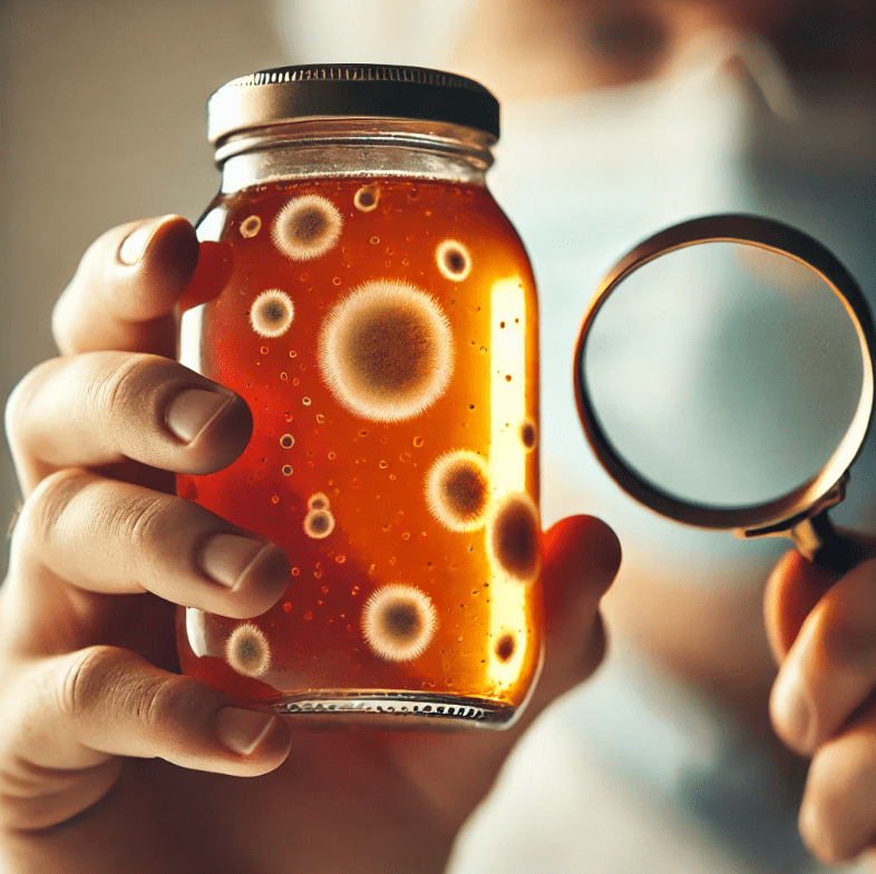 Inspecting kombucha for mold on the surface during fermentation.